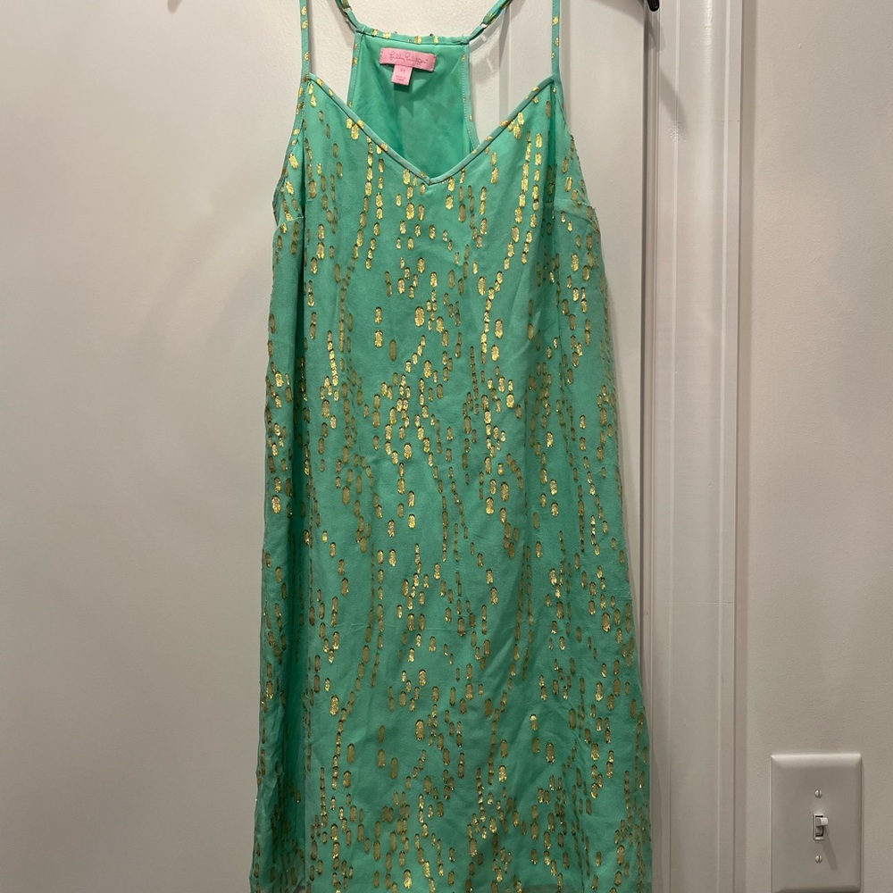 Lilly Pulitzer Mint and Gold Silk Dusk Racerback Shift Mini Dress